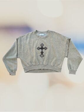 Daisy Street Green & Beige Embroidered Black Gothic Cross Cropped Sweatshirt, L
